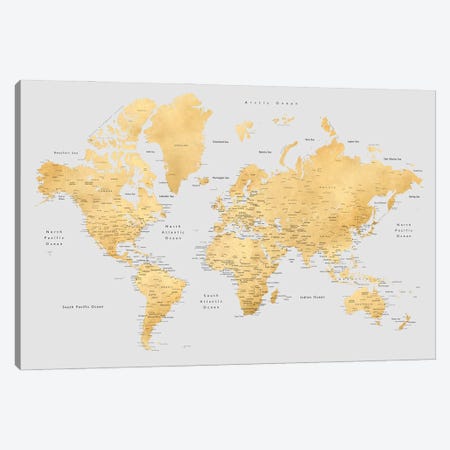 Detailed World Map In Gold And Grey, Everly Canvas Print #RLZ170} by blursbyai Art Print
