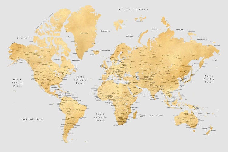 Detailed World Map In Gold And Grey, Everly by blursbyai wall art