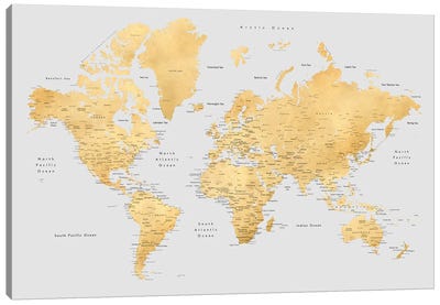 Detailed World Map In Gold And Grey, Everly Canvas Art Print - World Map Art
