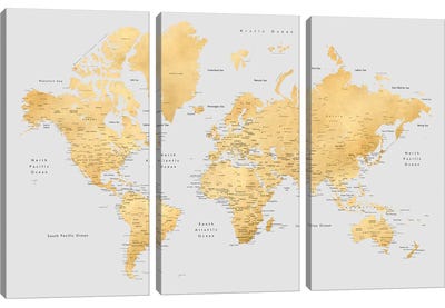Detailed World Map In Gold And Grey, Everly Canvas Art Print - 3-Piece Map Art