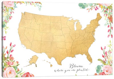 Floral Watercolor Inspirational Map Of The Us Canvas Art Print - blursbyai