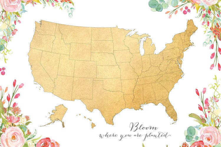 Floral Watercolor Inspirational Map Of The Us by blursbyai wall art