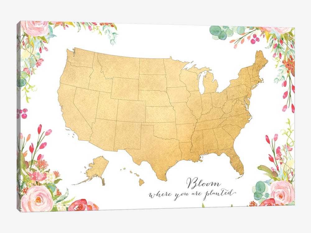 Floral Watercolor Inspirational Map Of The Us by blursbyai 1-piece Canvas Art Print