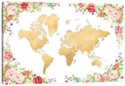 Floral Watercolor And Gold World Map Canvas Art Print - World Map Art