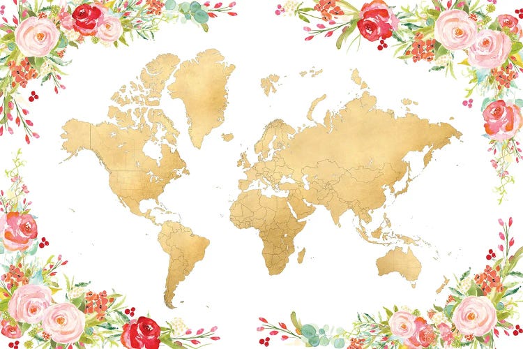 Floral Watercolor And Gold World Map by blursbyai wall art
