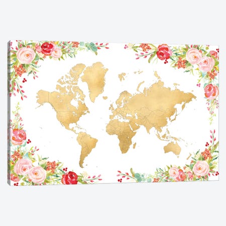 Floral Watercolor And Gold World Map Canvas Print #RLZ172} by blursbyai Art Print