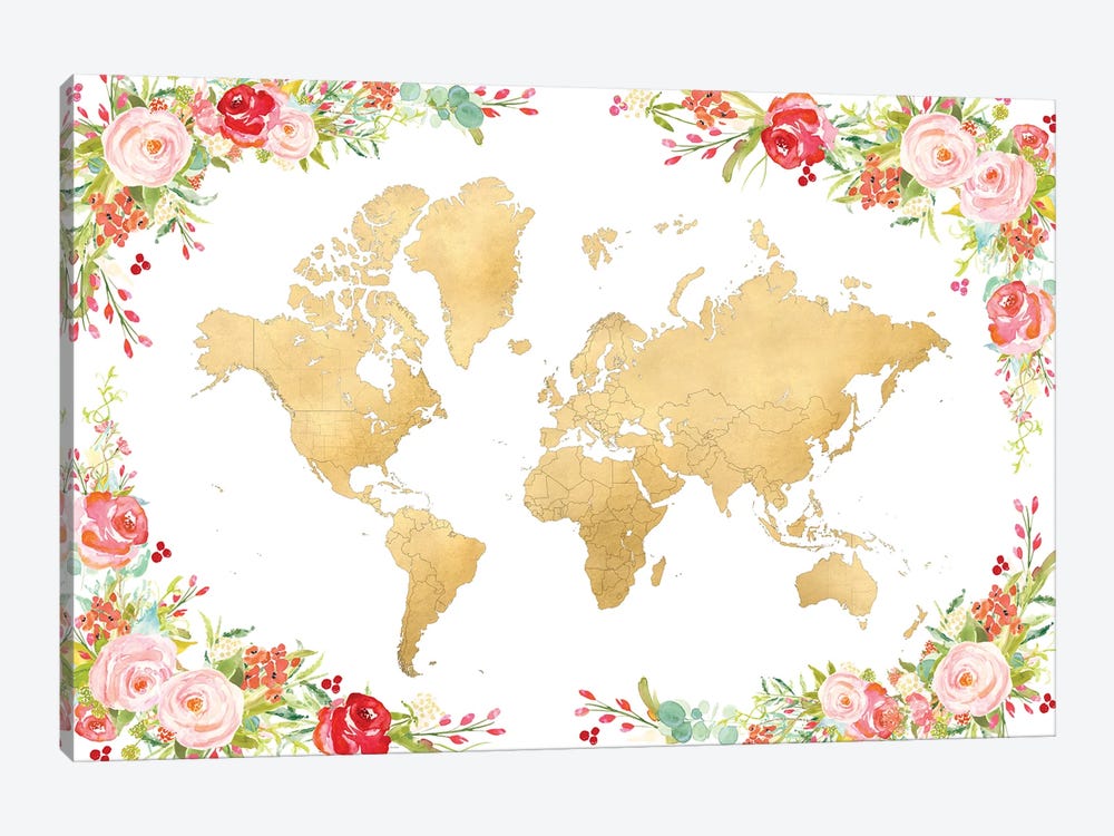 Floral Watercolor And Gold World Map by blursbyai 1-piece Canvas Art