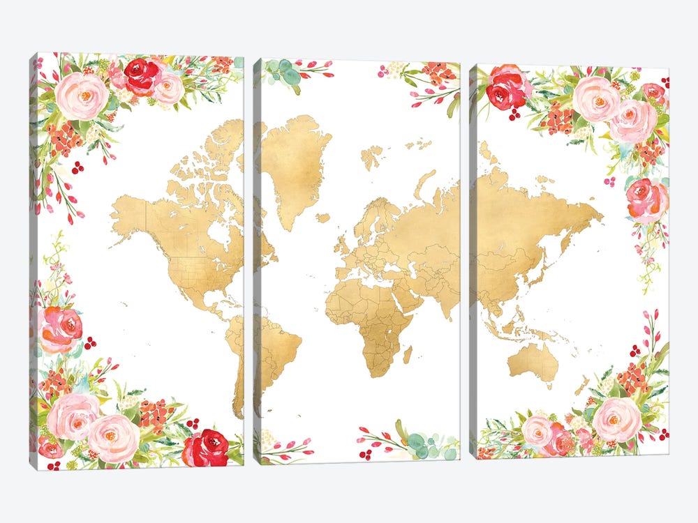 Floral Watercolor And Gold World Map by blursbyai 3-piece Canvas Artwork
