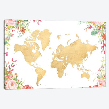 Gold World Map With Boho Watercolor Flowers Canvas Print #RLZ173} by blursbyai Canvas Art Print