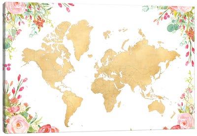 Gold World Map With Boho Watercolor Flowers Canvas Art Print - World Map Art