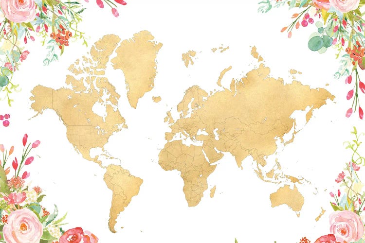 Gold World Map With Boho Watercolor Flowers by blursbyai wall art