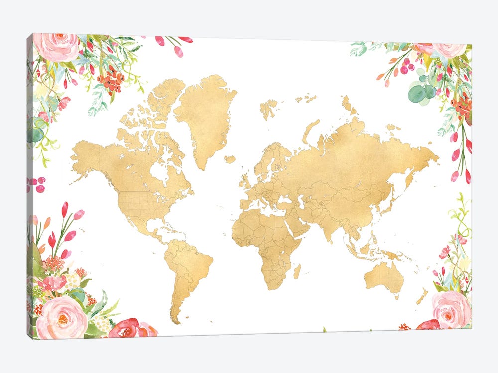 Gold World Map With Boho Watercolor Flowers by blursbyai 1-piece Art Print