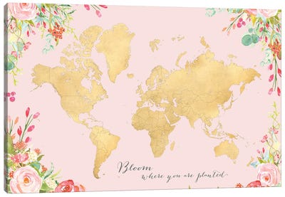 Blush And Gold Inspirational Floral World Map Canvas Art Print - World Map Art