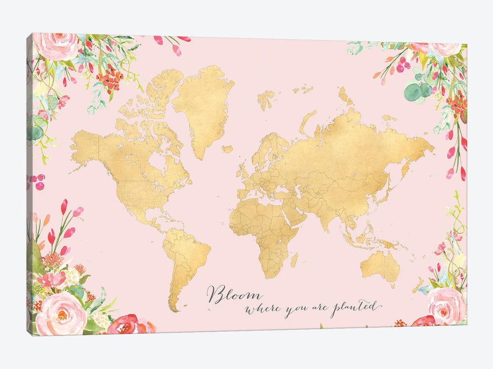 Blush And Gold Inspirational Floral World Map by blursbyai 1-piece Canvas Art
