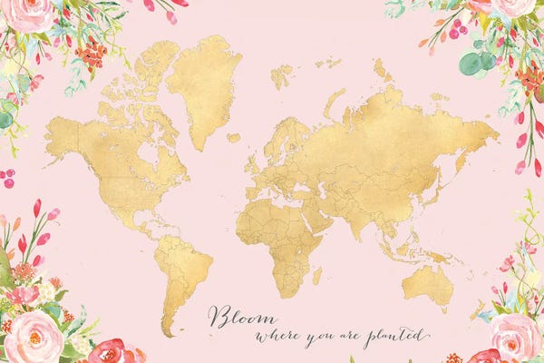 Globes: Blush And Gold Inspirational Floral World Map by blursbyai