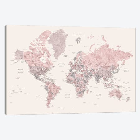 Detailed World Map, Madelia, In Dusty Pink, Grey And Cream Canvas Print #RLZ178} by blursbyai Canvas Art Print