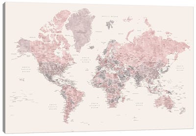 Detailed World Map, Madelia, In Dusty Pink, Grey And Cream Canvas Art Print - Art by Hispanic & Latin American Artists