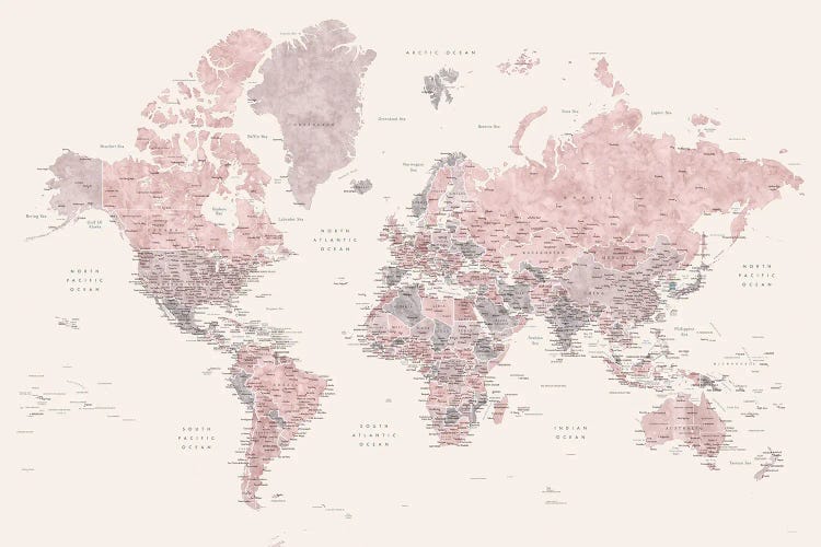 Detailed World Map, Madelia, In Dusty Pink, Grey And Cream by blursbyai wall art