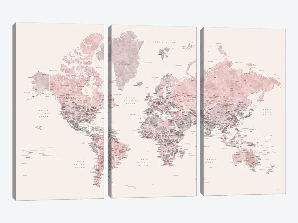 Detailed World Map, Madelia, In Dusty Pink, Grey And Cream by blursbyai 3-piece Canvas Wall Art