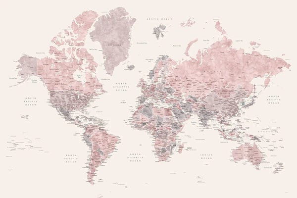 blursbyai: Detailed World Map, Madelia, In Dusty Pink, Grey And Cream by blursbyai