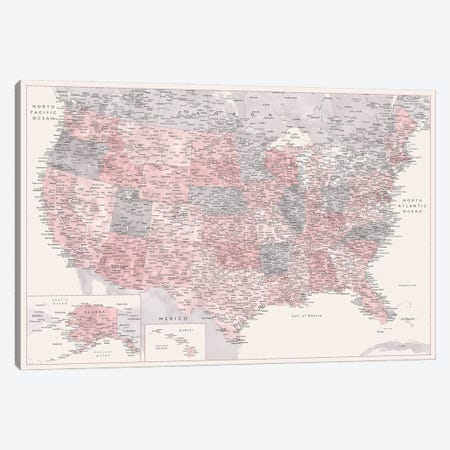 Highly Detailed Map Of The Usa, Madelia, Cream, Dusty Pink And Grey Canvas Print #RLZ179} by blursbyai Canvas Print
