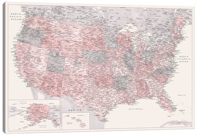 Highly Detailed Map Of The Usa, Madelia, Cream, Dusty Pink And Grey Canvas Art Print - blursbyai