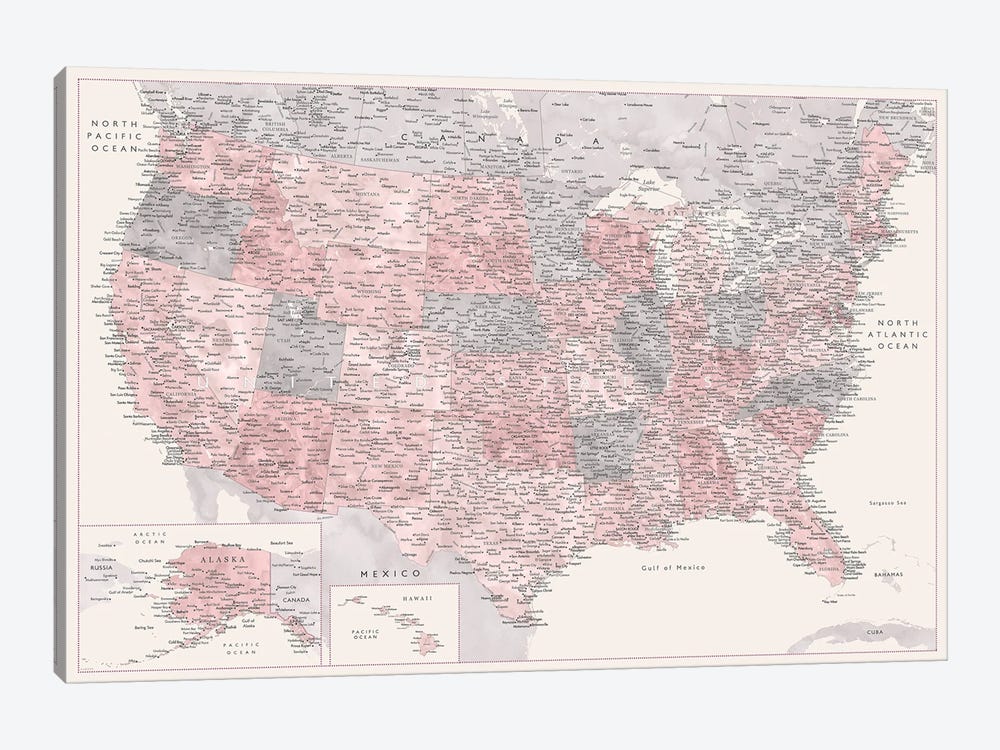 Highly Detailed Map Of The Usa, Madelia, Cream, Dusty Pink And Grey by blursbyai 1-piece Canvas Print