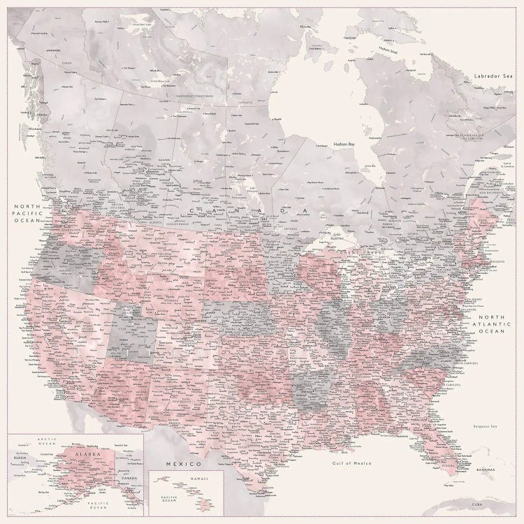 Highly Detailed Map Canada And Us, Madelia, Cream, Dusty Pink And Grey