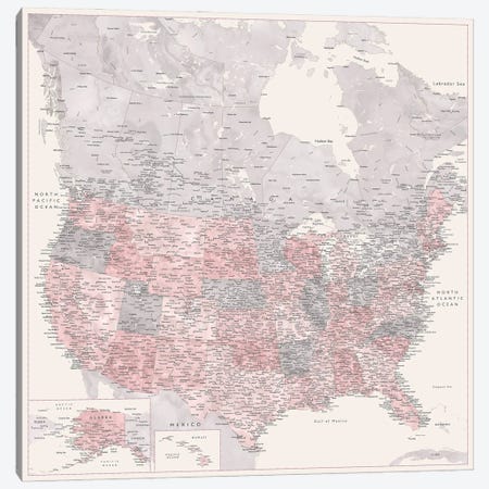 Highly Detailed Map Canada And Us, Madelia, Cream, Dusty Pink And Grey Canvas Print #RLZ180} by blursbyai Canvas Art