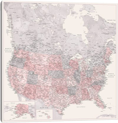 Highly Detailed Map Canada And Us, Madelia, Cream, Dusty Pink And Grey Canvas Art Print - blursbyai