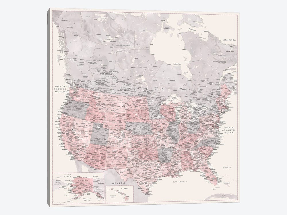 Highly Detailed Map Canada And Us, Madelia, Cream, Dusty Pink And Grey by blursbyai 1-piece Canvas Print