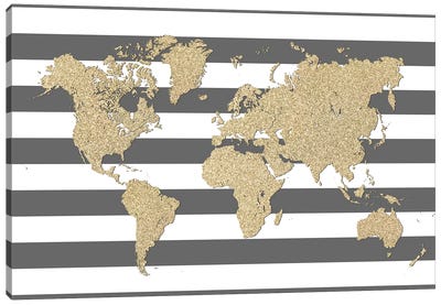 Glitter And Stripes World Map Canvas Art Print - World Map Art