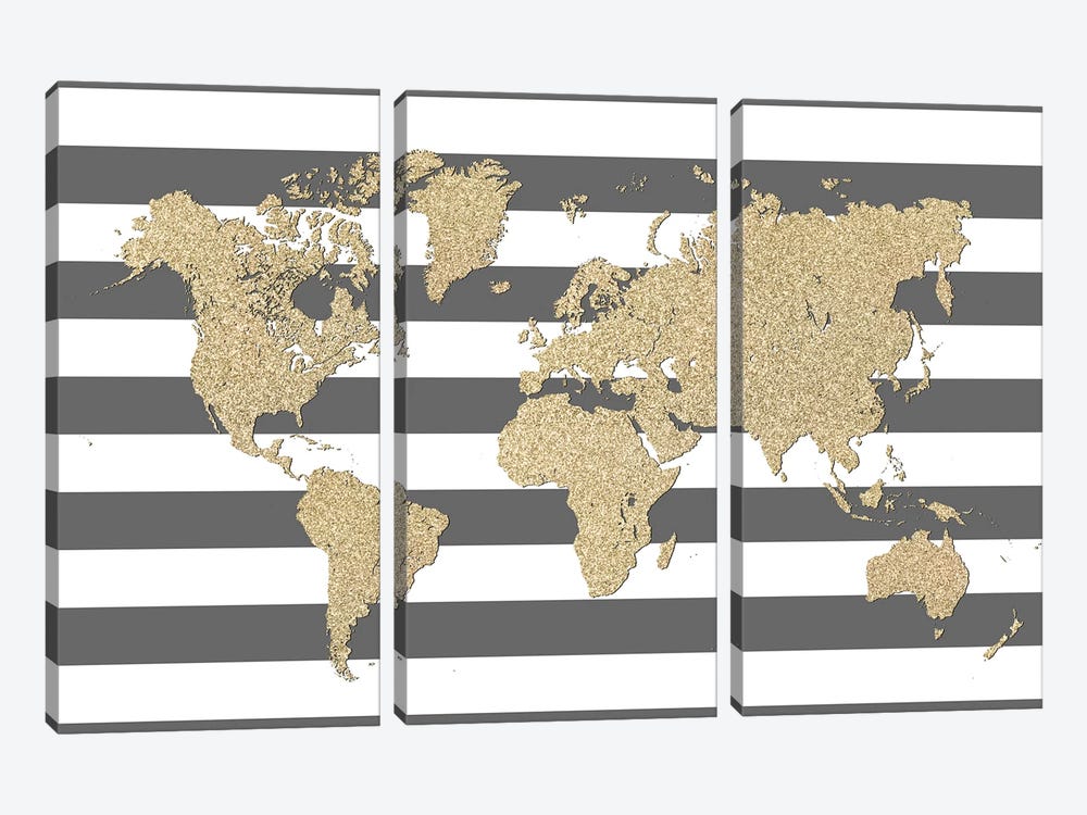Glitter And Stripes World Map by blursbyai 3-piece Canvas Print