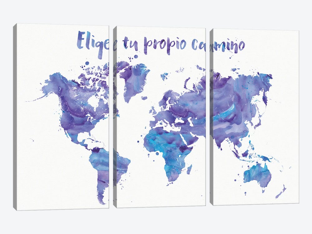 Inspirational Purple World Map In Spanish, Elige Tu Propio Camino by blursbyai 3-piece Canvas Artwork