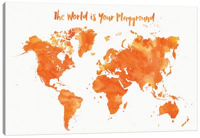 Orange Watercolor Nursery World Map Canvas Art Print - World Map Art