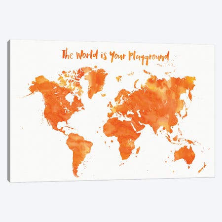 Orange Watercolor Nursery World Map Canvas Print #RLZ186} by blursbyai Canvas Art Print