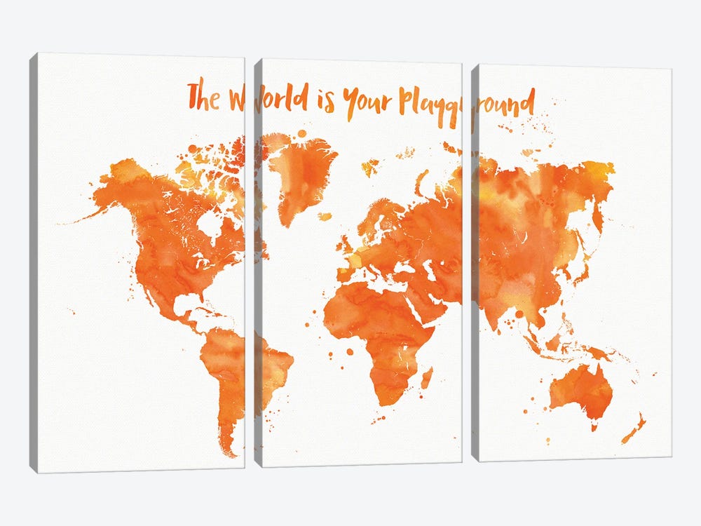 Orange Watercolor Nursery World Map by blursbyai 3-piece Canvas Art Print