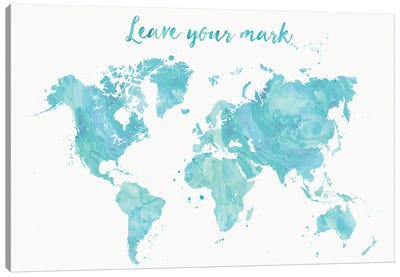 Leave Your Mark Aquamarine Watercolor World Map Canvas Art Print - blursbyai