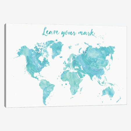 Leave Your Mark Aquamarine Watercolor World Map Canvas Print #RLZ187} by blursbyai Canvas Art Print