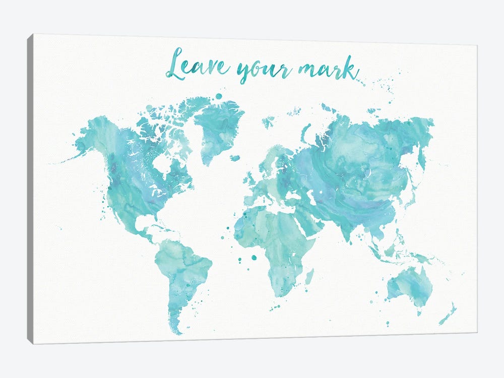 Leave Your Mark Aquamarine Watercolor World Map by blursbyai 1-piece Canvas Art