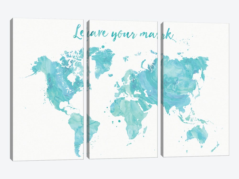 Leave Your Mark Aquamarine Watercolor World Map by blursbyai 3-piece Canvas Art