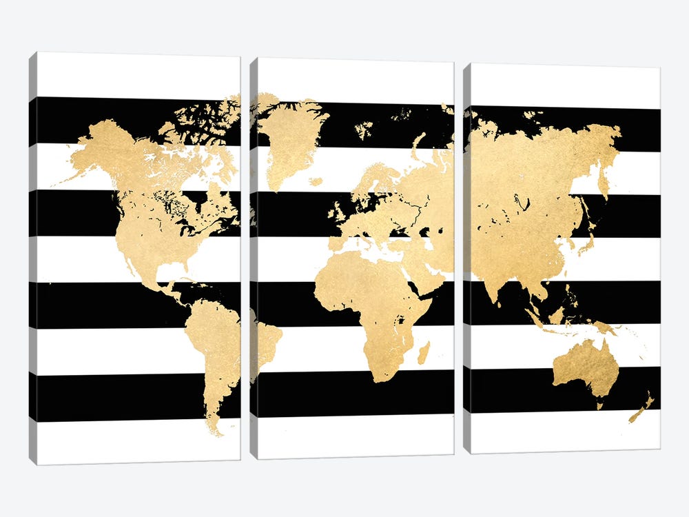 Gold And Black And White Stripes World Map by blursbyai 3-piece Art Print