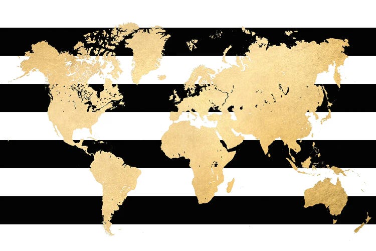 Gold And Black And White Stripes World Map by blursbyai wall art