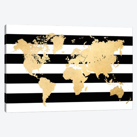 Gold And Black And White Stripes World Map Canvas Print #RLZ188} by blursbyai Canvas Wall Art