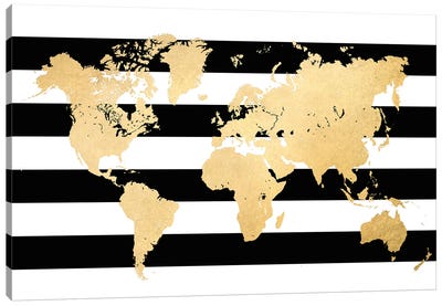 Gold And Black And White Stripes World Map Canvas Art Print - Stripe Patterns