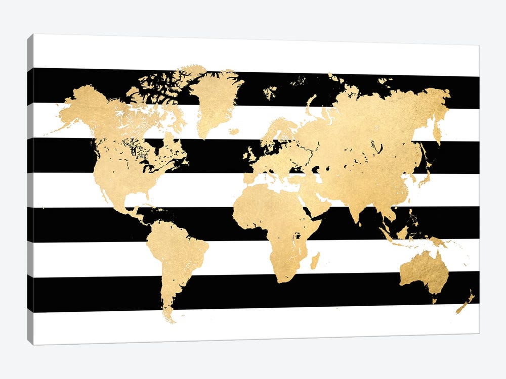 Gold And Black And White Stripes World Map by blursbyai 1-piece Canvas Art Print