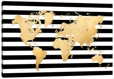 Gold, Black And White Stripes World Map Canvas Art Print - World Map Art