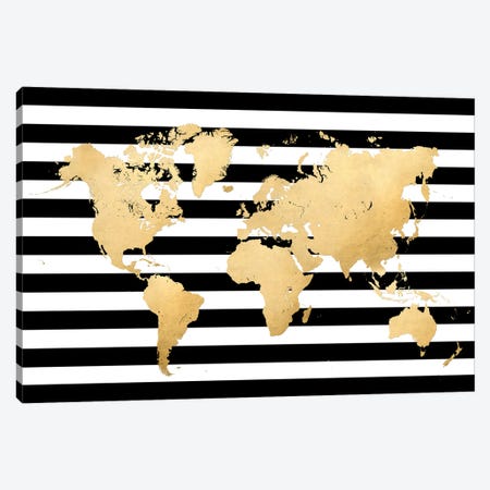 Gold, Black And White Stripes World Map Canvas Print #RLZ189} by blursbyai Canvas Wall Art