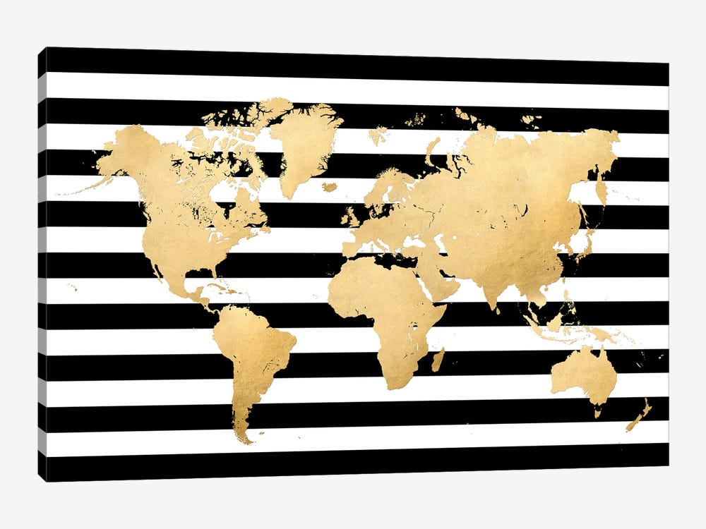 Gold, Black And White Stripes World Map by blursbyai 1-piece Canvas Wall Art