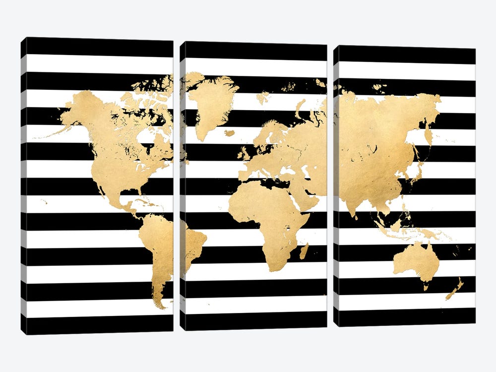 Gold, Black And White Stripes World Map by blursbyai 3-piece Canvas Art